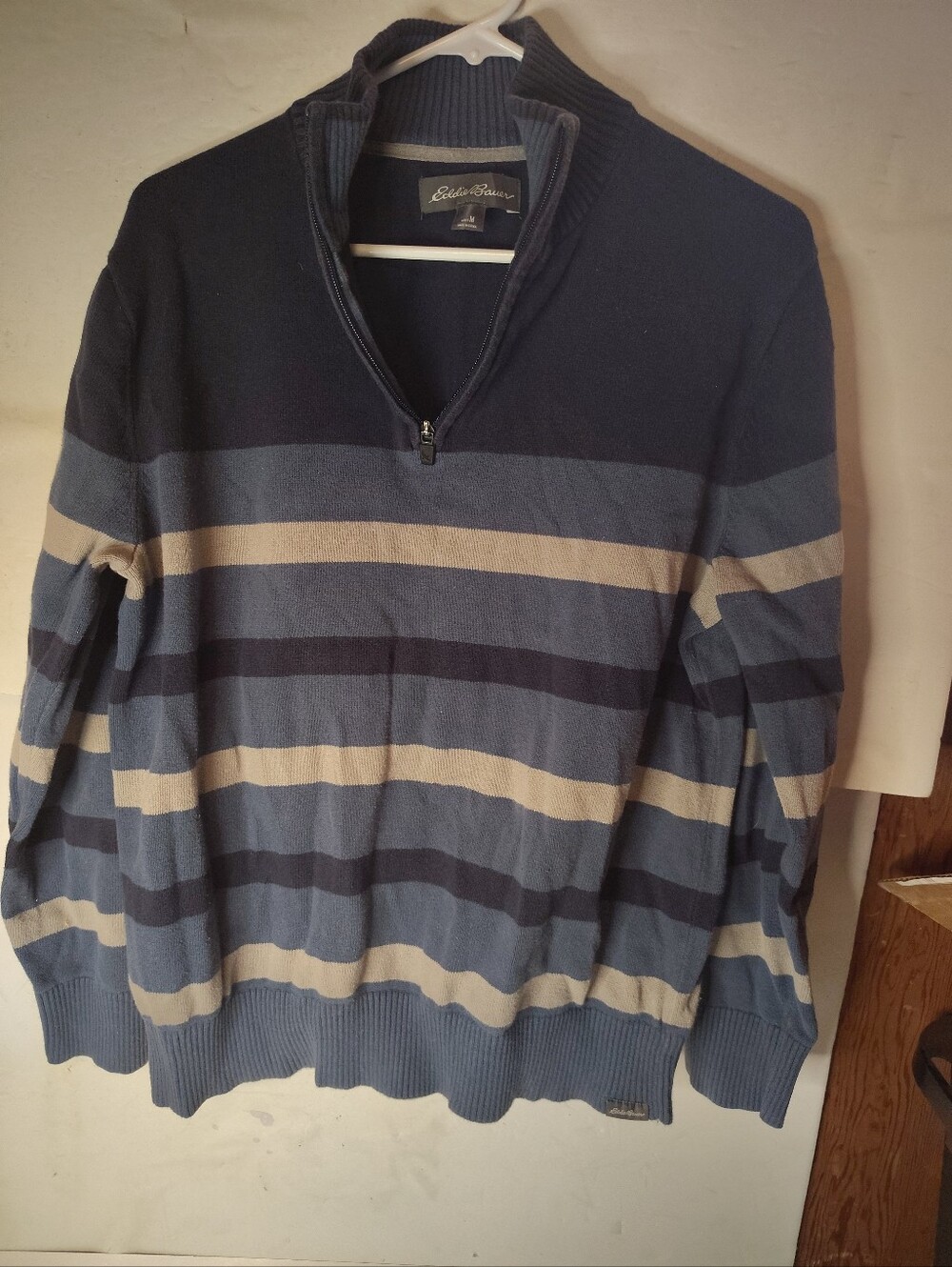 Eddie Bauer Quarter Zip Long Sleeve Sweater Blue Striped Size Medium